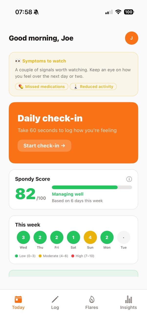 Spondy app showing today's symptoms, Spondy Score, and a flare warning